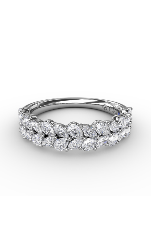 A white gold wedding band with two rows of oval cut diamonds placed in a leaf-like silhouette