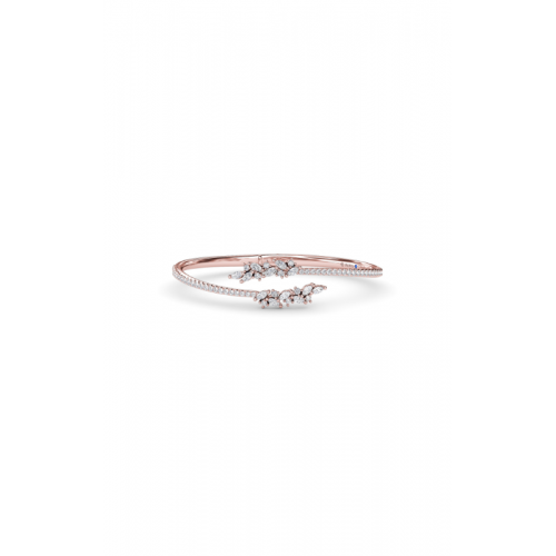 A delicate rose gold bangle adorned with sparkling diamonds, featuring an open-ended design with a leaf motif.