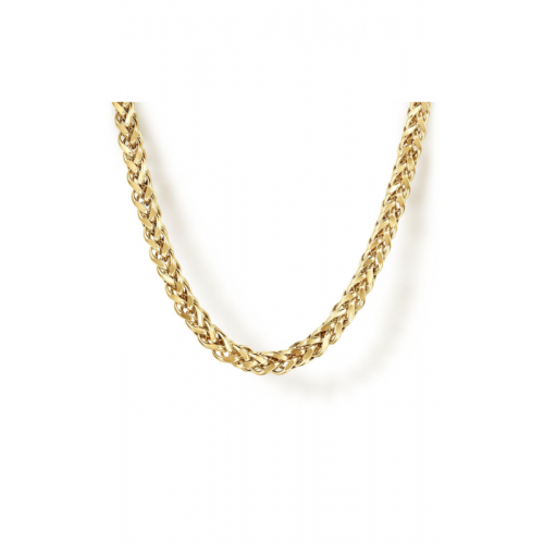 A yellow gold chain necklace with thick, intertwined links against a white background.