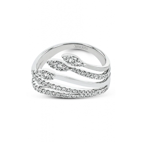 A cocktail white gold ring featuring three curved bands adorned with small sparkling diamonds.