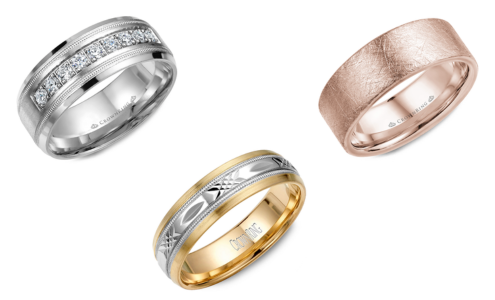 A selection of three CrownRing wedding bands, available at Drenon Jewelry.