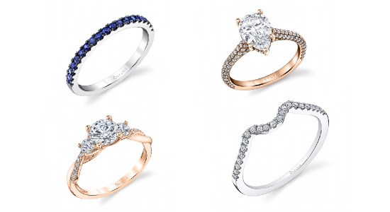 two engagement rings and two wedding bands by Sylvie