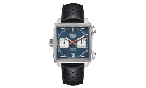 A TAG Heuer Monaco watch, available at Drenon Jewelry.