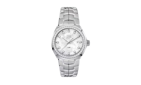 A TAG Heuer Link watch with diamond details, available at Drenon Jewelry.