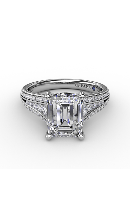 A white gold emerald-cut sidestone split-shank engagement ring