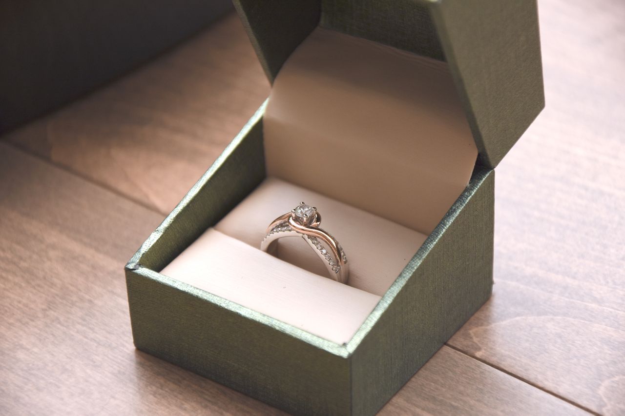 A stunning solitaire engagement ring displayed in an open ring box. A stunning solitaire engagement ring displayed in an open ring box.
